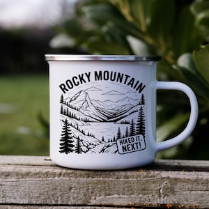 Rocky Mountain Camping Mug, Colorado Enamel Mug For Park Collectors, Hiking Coffee Cup, Outdoor Adventure Drinkware, National Park Gift