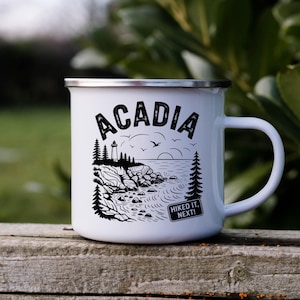 Acadia Enamel Camping Mug, Coastal Hiking Coffee Cup, Maine Park Explorer Gift, Ocean View Camp Mug, National Park Adventure Drinkware