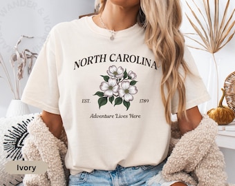 Shirt North Carolina kornoelje, vintage staat bloem comfort kleuren T-shirt, schilderachtige reizen grafische top, road trip natuurliefhebber cadeau