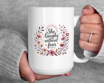 Faith Over Fear Mug, Christian Woman Gift, Bible Verse Ceramic Cup, Floral Scripture Coffee Mug, Proverbs 31 Drinkware, Inspirational Gift