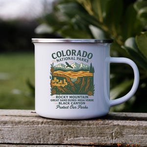 Colorado Enamel Camping Mug, Mountain And Canyon Coffee Cup, Hiking And Camping Gift, Rocky Mountain Travel Mug, Outdoor Explorer Drinkware