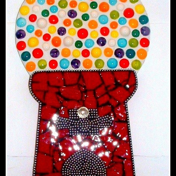 Mosaic Gumball machine with buffalo nickel in coin slot.