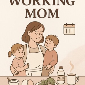 Puede incluir: Ilustración titulada "Guía de supervivencia para la madre trabajadora" que muestra a una madre con dos hijos, un icono de calendario y una mesa con alimentos. La imagen tiene una paleta de colores cálidos.