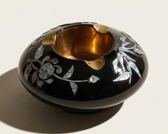 Mother of Pearl and Black Lacquer Brass Ashtray