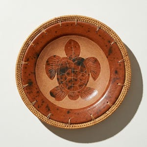 May include: A round, brown decorative plate with a turtle design in the center. The plate has a woven, light brown border and is approximately 10 inches in diameter.