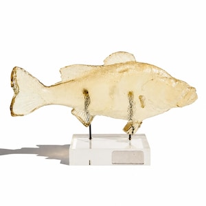 May include: A translucent, light amber-colored glass sculpture of a fish mounted on two thin black metal rods. The sculpture is supported by a clear, rectangular glass base that features a small, rectangular silver-toned metal plaque on the front.