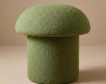 Mushroom Ottoman in Olive Boucle - Modern Home or Playroom and Nursery Furniture - Green Mid Century Style Hand Made Pouf - Accent Seating