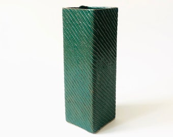 Vintage Carved Rectangular Green Studio Pottery Vase