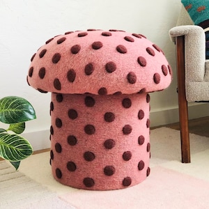 Mushroom Ottoman in Wool Pink Dot (Large Dots)