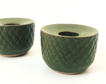 Green Pottery Candle Holders - Set of 2