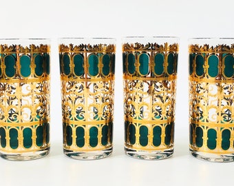 Mid Century Culver Emerald Scroll Highball Tumblers - Set of 4
