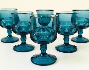 Blue Goblets - Kings Crown by Indiana Glass - Set of 6