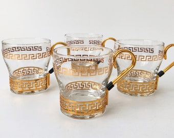 Glass Mugs with Brass Holders - Greek Key Design - Set of 4