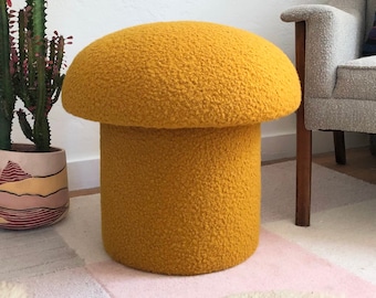 Mushroom Ottoman in Mustard Boucle