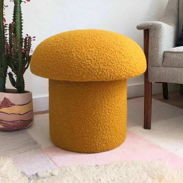 Mushroom Ottoman in Mustard Boucle