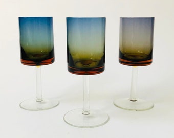 Mid Century Blue Amberina Glasses - Set of 3