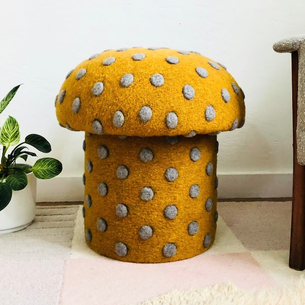 Mushroom Ottoman in Wool Ochre Dot