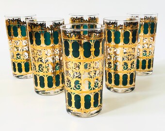 Mid Century Culver Emerald Scroll Highball Tumblers - Set of 6