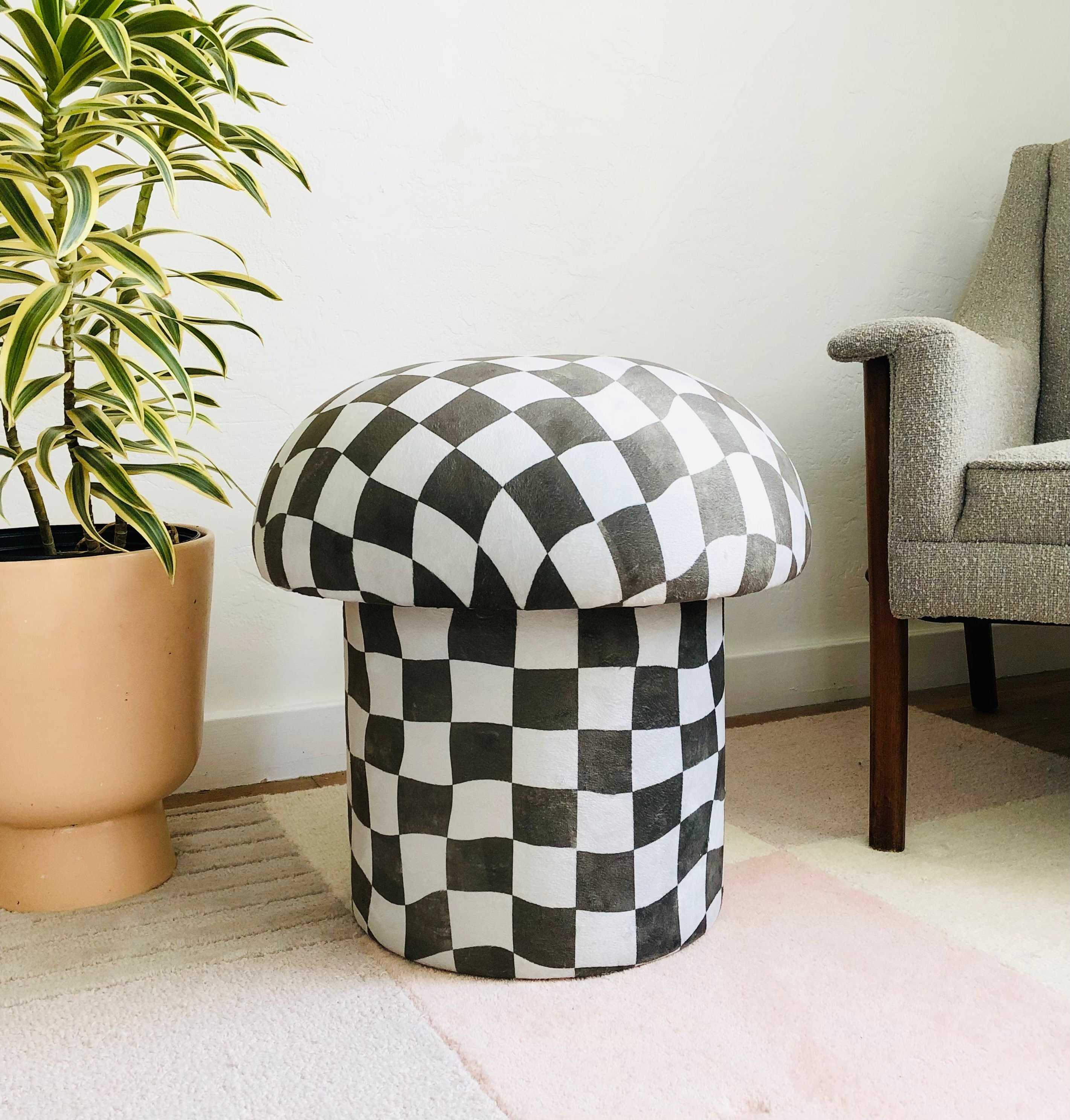 Mushroom Ottoman in Muted Olive Warped Checkered Velvet Etsy UK