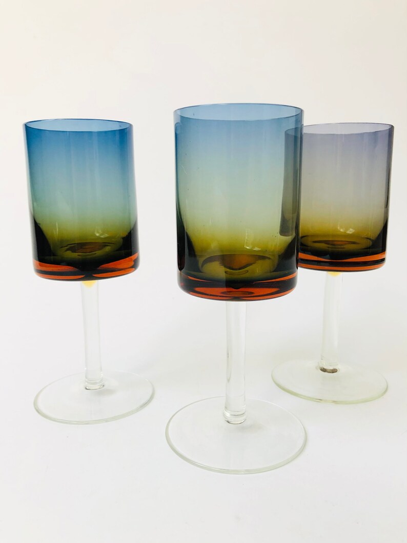 Mid Century Blue Amberina Glasses Set of 3 image 5