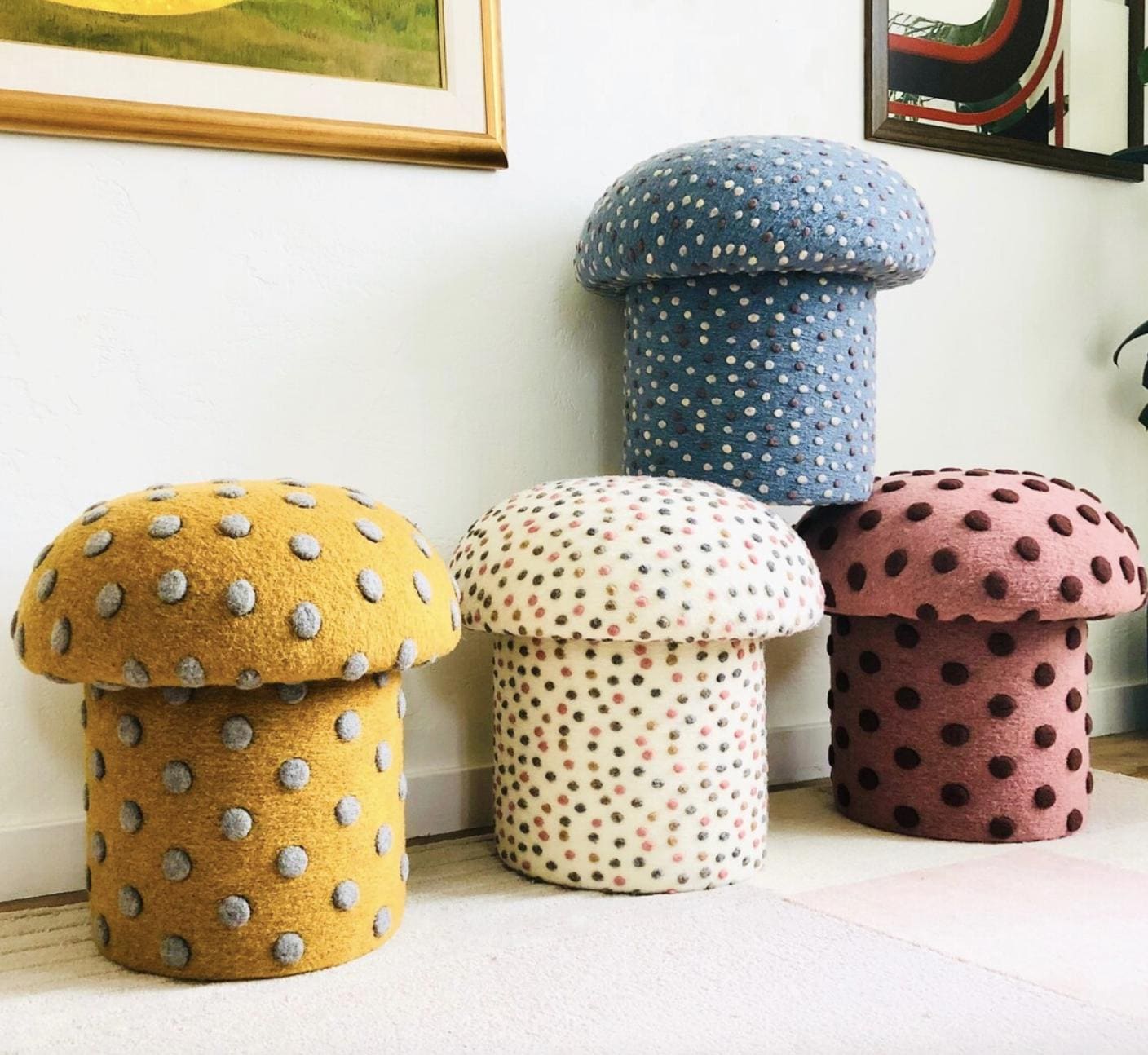 Mushroom Ottomans in Dotted Wool