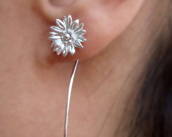 Wild Daisy flower earrings sterling silver earrings jewelry dangle earrings cute small stud Earrings long stem earrings Threader E-123