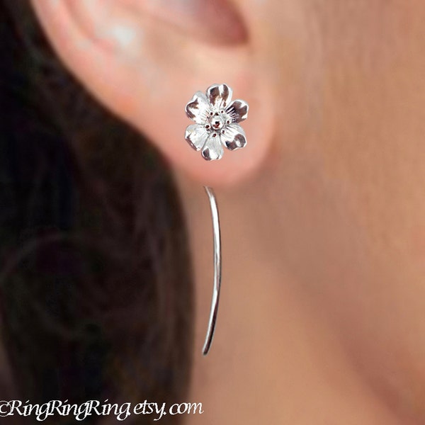 Anemone flower earrings sterling silver earrings jewelry dangle Earrings cute small stud earrings long stem earrings unique Threader E-124