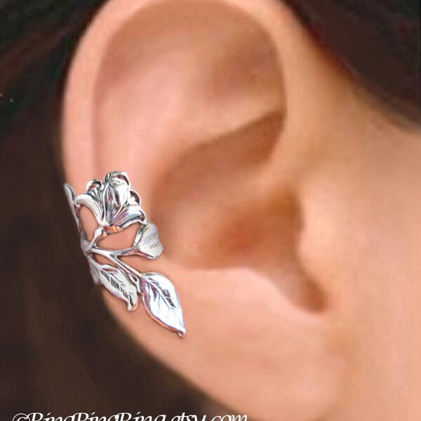 Gardenia flor oreja manguito plata esterlina pendientes de flores pendientes de la flor de la oreja de plata esterlina no perforado auricular escote derecho C-084 FF