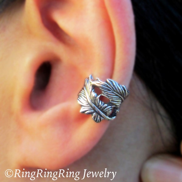 Double feather ear cuffs Sterling Silver earrings Feather earrings Sterling silver Ear Cuff Jewelry ear clip for men and women C-199