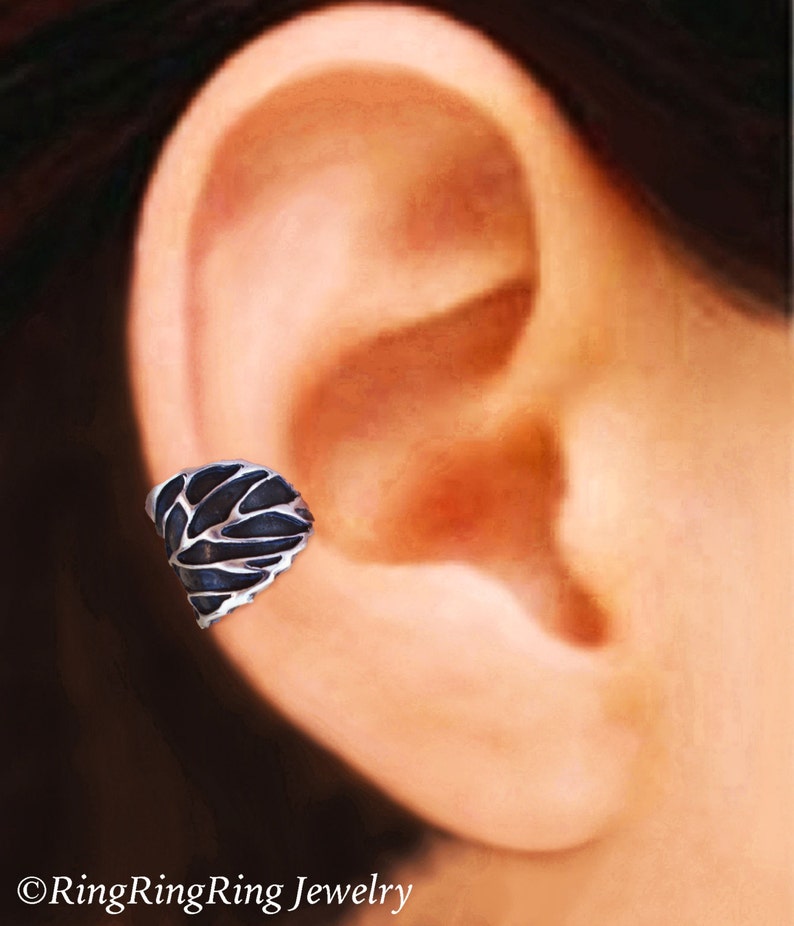 Winter Leaf ear cuffs Sterling Silver earrings Sterling silver Ear Cuff Silver Black for men & women ear clip Jewelry handmade C-181 image 2