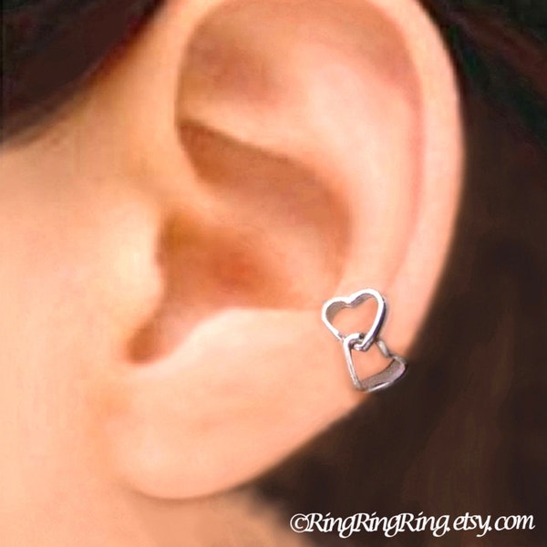 Double love heart ear cuff, Sterling Silver Ear Cuffs earring jewelry, earcuff clip, Left,