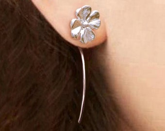 Good luck 4 leaf Clover earrings sterling silver earrings jewelry dangle earrings Cute small stud Earrings long stem earrings Shamrock E-191