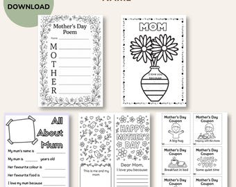 Pacchetto stampabile per la Festa della Mamma per bambini / 5 divertenti attività fai-da-te da colorare e completare / Download immediato