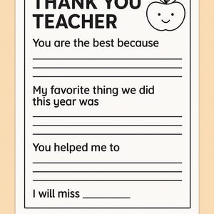 Hoja de trabajo imprimible de agradecimiento al maestro: regalo de fin de año para niños / Carta de despedida editable para el maestro / Descarga instantánea en PDF