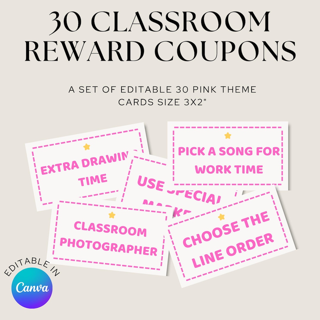 Pink Classroom Reward Coupons | Editable Canva Student Incentives (3x2 ...