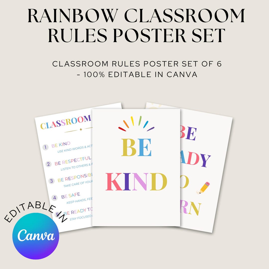 Rainbow Classroom Rules Poster Set Editable Canva Template, Classroom ...