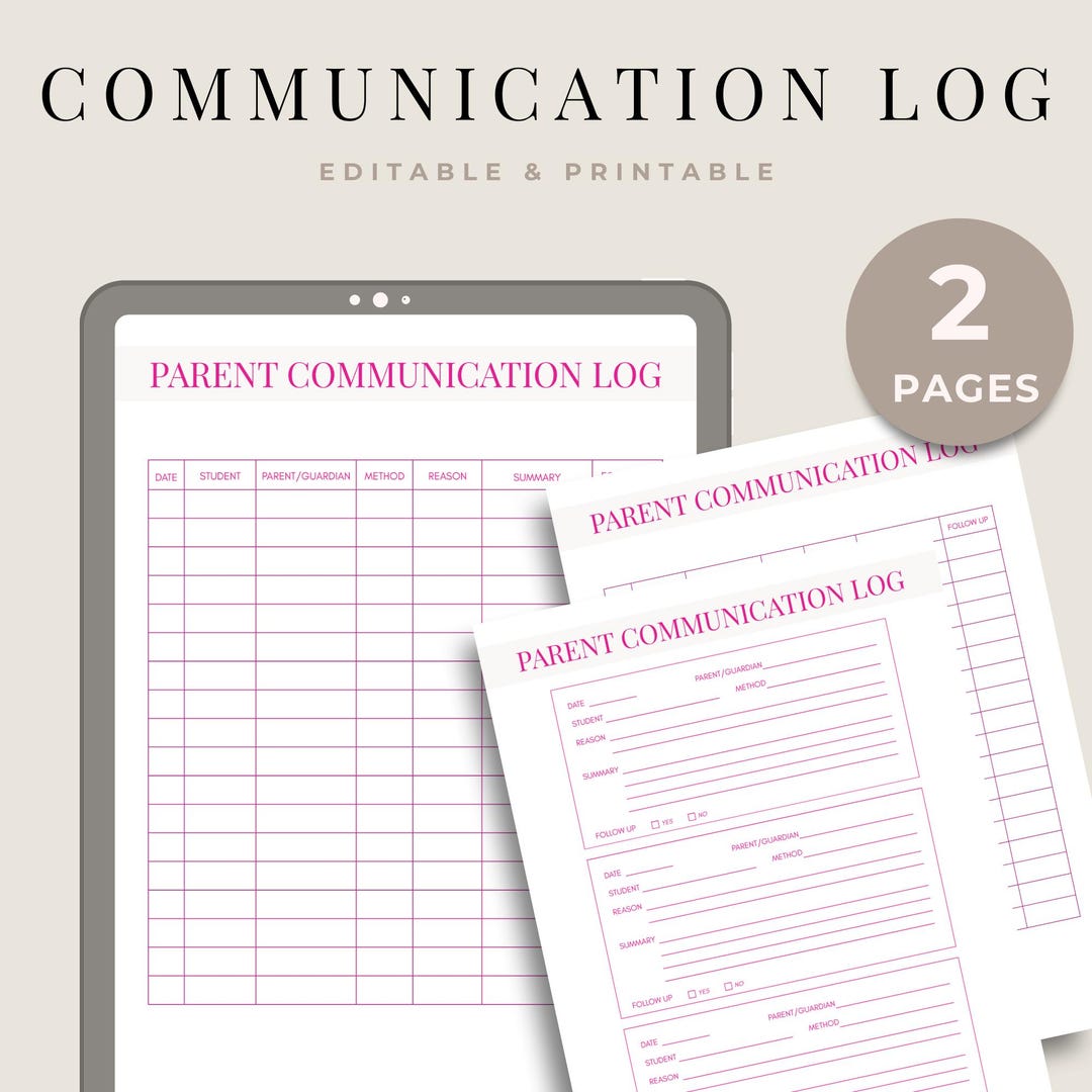 Pink Parent Communication Log Printable, Teacher Parent Contact Log ...