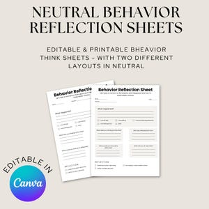 May include: Two white printable behaviour reflection sheets with a neutral design. The sheets include prompts for self-reflection and are labelled "Behavior Reflection Sheet". The image also includes the text "Editable in Canva".