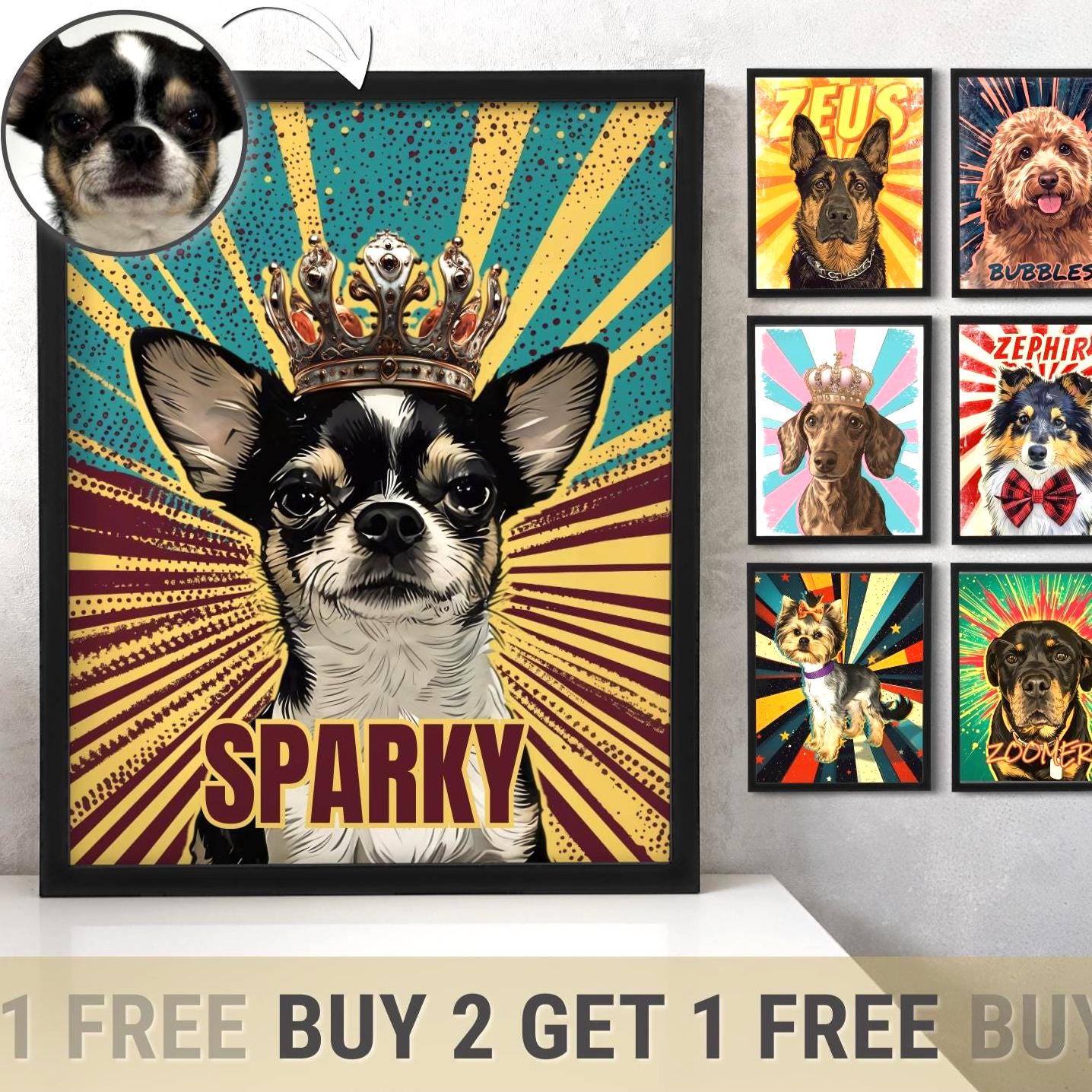 Custom funny pet poster royal crown & rays, cheeky popart dog print, funny petful printing custom personally, funny pet printing jpeg file