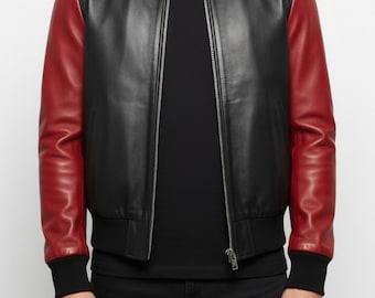 Men’s Black and Red Leather Bomber Jacket | Genuine Leather Varsity Coat | Streetwear Gift