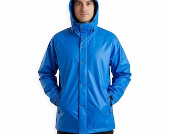 Giacca antipioggia impermeabile blu: giacca a vento leggera con cappuccio
