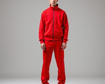 Men's Red Tracksuit Set, Full Zip Jacket, Jogger Pants, Athletic Sportswear Outfit
