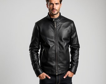 Men's Genuine Leather Cafe Racer Jacket, Minimalist Stand Collar Biker Outerwear