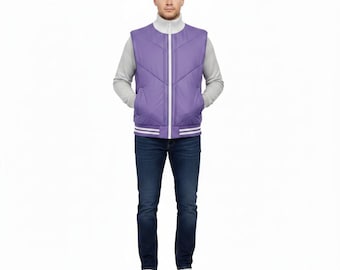 Men's Purple Quilted Puffer Vest, High Neck Streetwear Jacket