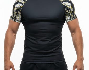 Men's Black Camo Rash Guard: Short Sleeve UV Protection Swim Shirt