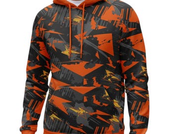 Abstract Sublimation Hoodie, Black Orange All Over Print Hoodie, Graphic Streetwear Pullover for Men