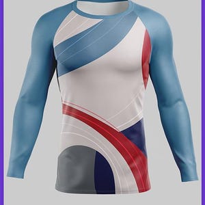 May include: A long-sleeved athletic shirt with a crew neck. The shirt features a white torso with blue, red, and gray geometric designs. The sleeves are solid light blue. The bottom right corner has the text "Ai Ps".
