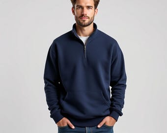 Men's Navy Fleece Quarter Zip Hoodie, Kangaroo Pocket, Winter Streetwear Pullover
