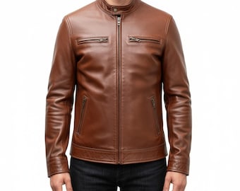 Vintage Brown Leather Moto Jacket – Handmade Genuine Leather Outerwear