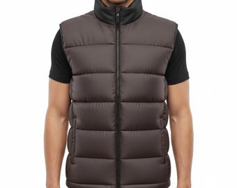 Bruin gewatteerd vest voor heren, met opstaande kraag en ritssluiting, lichtgewicht wintervest